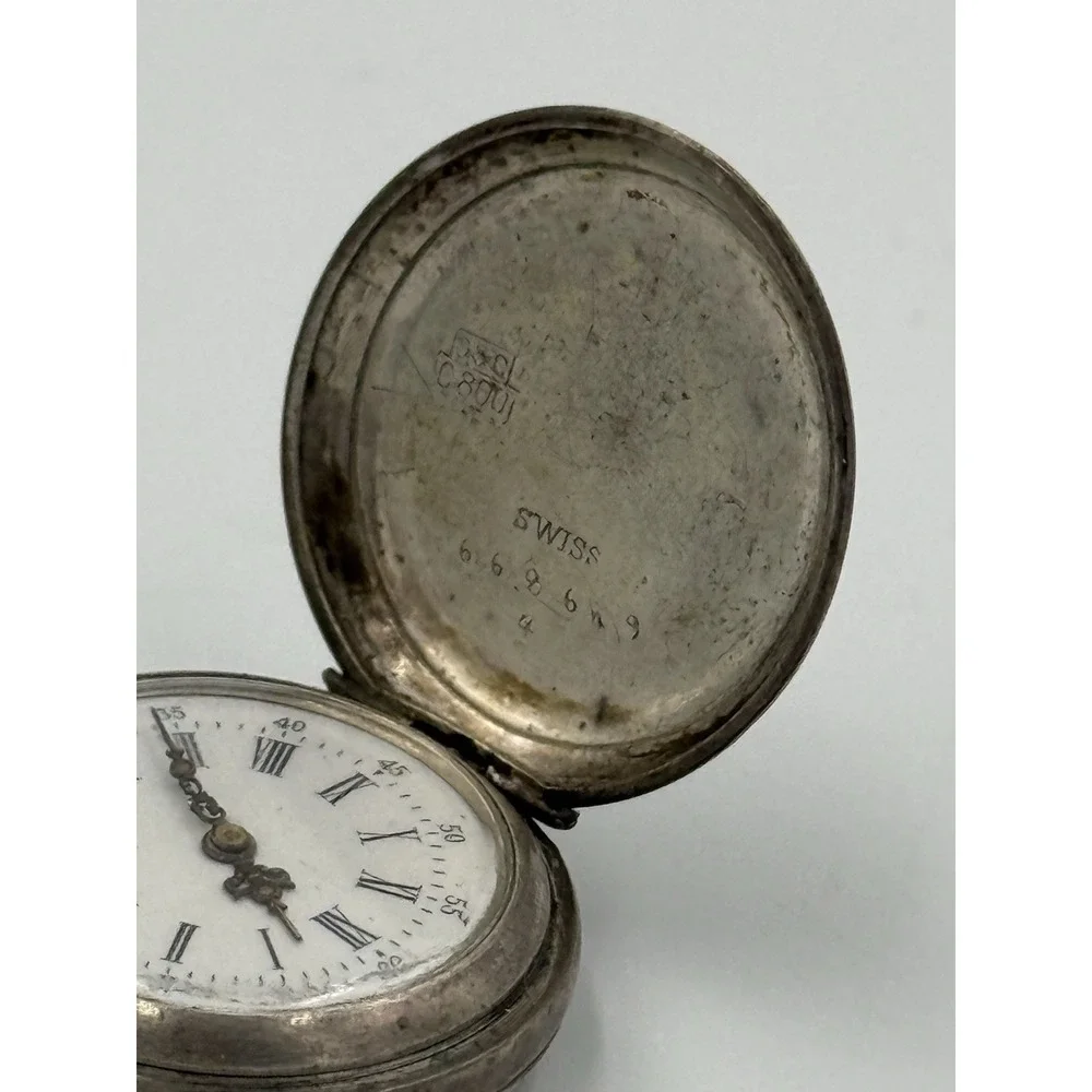 Antique Swiss 800 Silver Hunter Case Pocket Watch Engraved Swan Roman Numeral